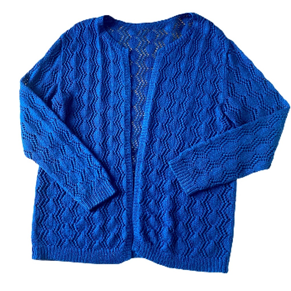 Vintage hand made knit sweater cardigan open front blue